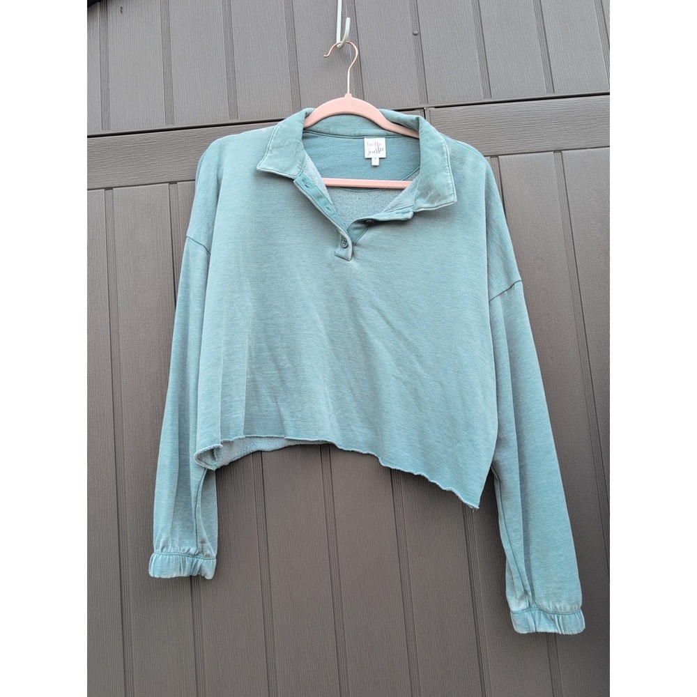 Belle du‎ Jour Blue Collared Long Sleeve Cropped Sweatshirt Women's Sz Medium
